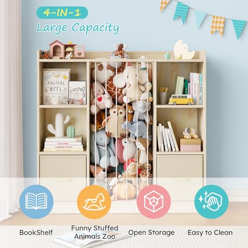 Image of EXPERLAM 4-in-1 Toy Storage Organizer with Stuffed Animal Storage, Solid Pine Kids Bookshelf and Toy Shelf, 6 Cube Shelf with 2 Removable Drawers, Stuffed Animal Zoo for Kids Room, Playroom, Nursery