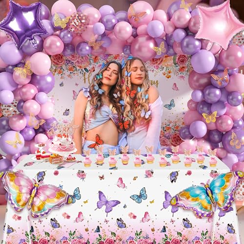Image of Butterfly Birthday Decorations Party Supplies for Girls Women with Pink Purple Balloon Arch Kit Backdrop Tablecloth Butterfly Wall Decor Foil Balloons Cake Toppers