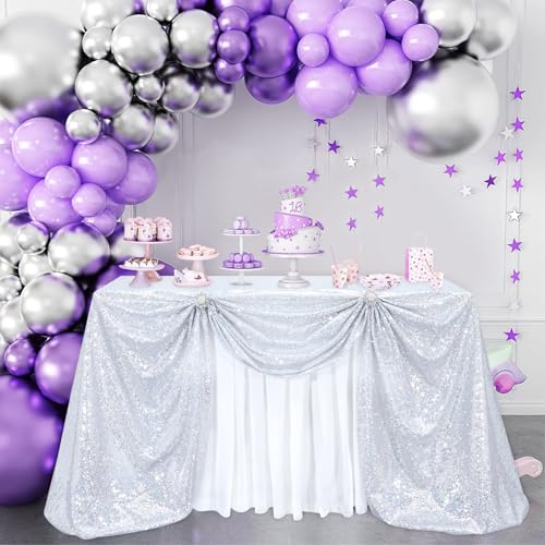 Image of B-COOL Shimmering Sequin Tablecloth Christmas Rectangle Table Cloth Linen Glitter Cake Table Cloth 90x90 Inch for Wedding Party Banquet, Laser Silver