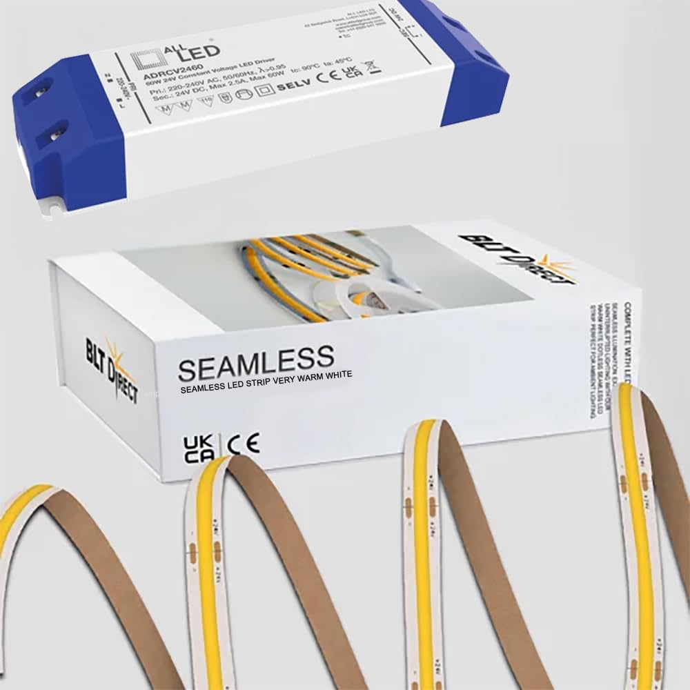 4 Meter LED Strip Kit (C/W Driver) - 8mm Seamless COB 24V IP20 Dotless - DIY/Professional Installations – 10W Per Metre – Energy-Efficient Strip Light with Driver (Very Warm White)