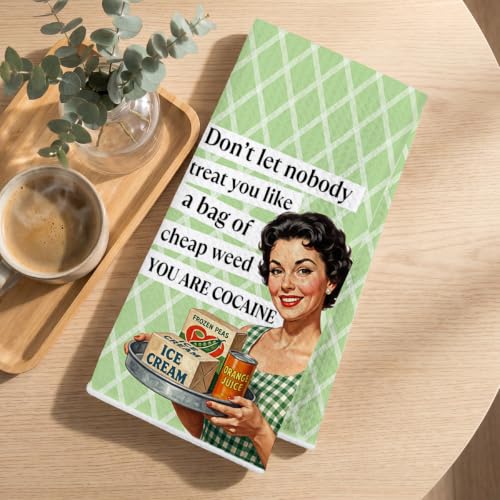 Image of 2 Pcs Funny Housewives Kitchen Towels, Housewarming Gifts Dish Towels | Humorous Pattern Hand Towel Kitchen Decor, Waffle Weave Microfiber Cleaning Cloth Wash Cloths Tea Towel 14 x 24 Inch Set of 2