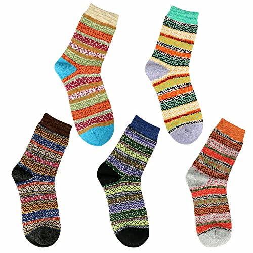 Image of 5 Pack Women's Wool Socks Warm Soft Thick Knit Vintage Style Socks Casual Retro Ladies Thermal Winter Socks Christmas Gift Socks for Women Free Size (Multicolor-001)