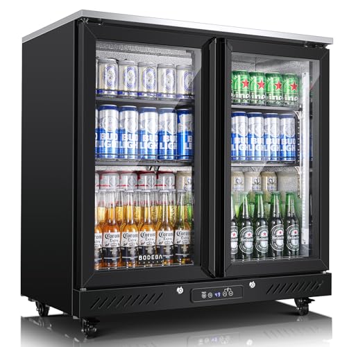 Image of BODEGACOOLER Back Bar Cooler with 2 Glass Doors,7.7 Cu.ft Commercial Bar Beverage Refrigerator Under Counter LED Lighting for Soda Drinks,Beer,Wine with Stainless Steel Top,DOE Approved,4 Casters