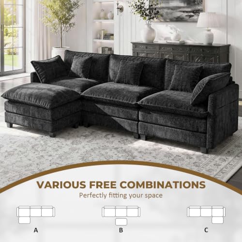 Image of 112 inch L-Shape Modular Sofa with 1 Ottomans, Deep Seat Cloud Convertible Sleeper, 3 Throw 2 Arm Pillows, Comfortable Upholstered Furniture for Living Room Apartment, Black