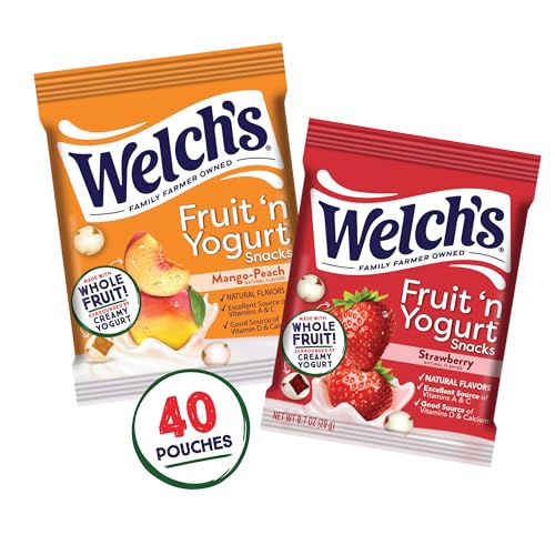 Image of Welch's Fruit Snacks, Fruit 'n Yogurt Variety Pack, Strawberry, Mango Peach, Gluten Free, Bulk Pack, Single Serve, 0.7 oz Bags (Pack of 40)