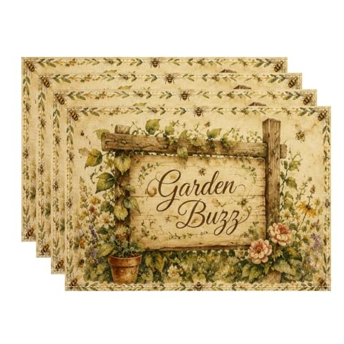 Garden Buzz Lot de 4 sets de table vintage à motif floral rustique pour table de salle à manger, printemps été, antidérapant, lavable, intérieur et...