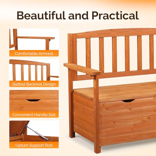 Image of VINGLI Outdoor Storage Bench, Large Wood Deck Box with Seating, Weatherproof Outdoor Bench with Storage Loveseat, 2-Person Wooden Patio Bench for Entryway, Backyard, Garden