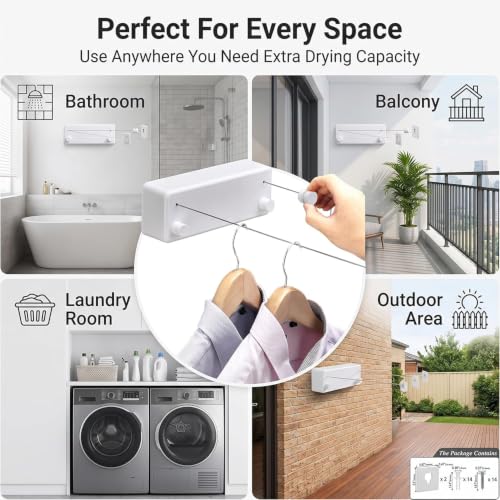 Image of Retractable Heavy Duty Double Clothesline for Drying Clothes Indoor Outdoor | Dual 13.8 ft Stainless Steel Ropes | Wall Mounted or No-Drill Laundry Drying Rack for Balcony(Dual Liner White)