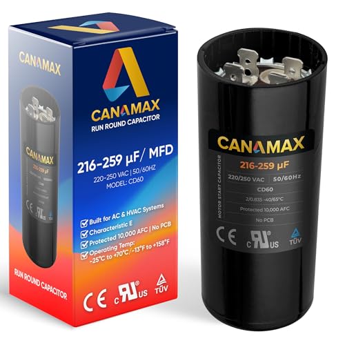 [2025] 216-259 uf 216/259 MFD 220-250 VAC ±20% 50/60 Hz SC0080 CD60 Round Motor Start Capacitor by Canamax - Universal Fit for AC Motor Run or Fan Start and Cool or Heat Pump Air