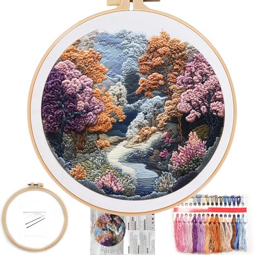 Image of FONNUY Embroidery Kit for Beginners, Boho Nature Landscape Pre-Stamped Pattern Kits for Adults with Hoop, Easy to Follow Color Thread Needlework, 8'' Hoop (Late Spring)