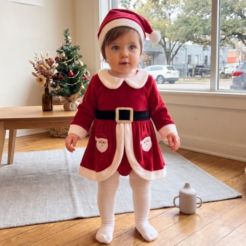 Baby Girls 0-18M Christmas Velvet Dress Romper Santa Hat Set Xmas Outfit (Santa Red, 9-12 Months) — view 2