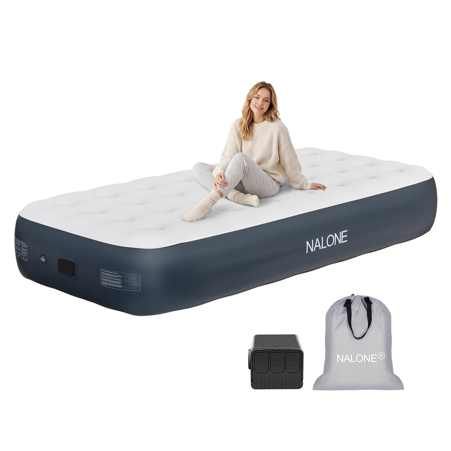 NALONE Colchón Hinchable Individual con Inflador Recargable Integrado 191x99x33cm, Colchón Inflable Matrimonio Autohinchable Cama Hinchable Eléctrico para Uso Doméstico Y Camping