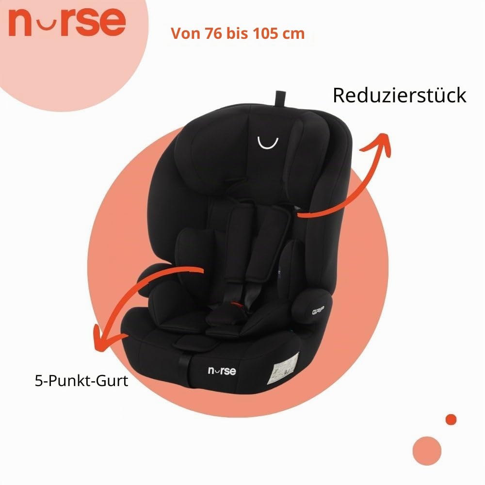 Jané Nurse Grip Kindersitz i-Size 76–150 cm, 2–12 Jahre, ohne Isofix, Gurtbefestigung, 9-fach Verstellbar, Gruppe 1 2 3, Schwarz
