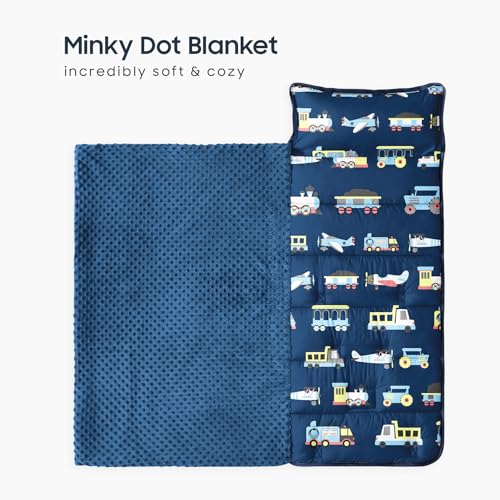 Image of Wake In Cloud - Toddler Nap Mat with Pillow and Minky Fleece Blanket, for Kids Boys Ages 3 Plus in Daycare Preschool Kindergarten, Roll Up Sleeping Bag, Planes Trains Trucks