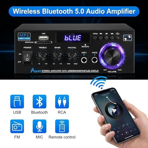 Amplificateur audio stéréo HiFi AK45 Bluetooth 2 canaux 60W avec télécommande pour la maison - 2