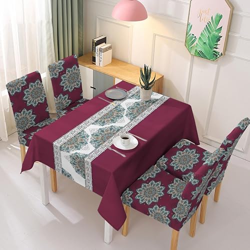 Image of Styleys Dining Chair Covers with Rectangular Table Cover | Waterproof Dining Table Cloth for Dining Room - 1 Table Cover + 4 Chair Cover, Plum-Teal Medallion, XKFSZB-16A