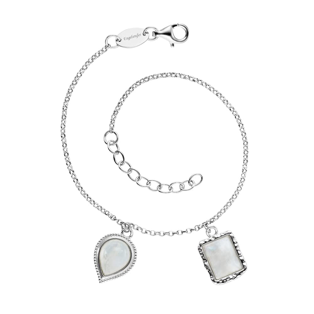 Engelsrufer Bracciale da donna in argento sterling e due ciondoli con pietra di luna, chiusura a moschettone, lunghezza regolabile, senza nichel, 17 cm, Argento sterling, pietra di luna