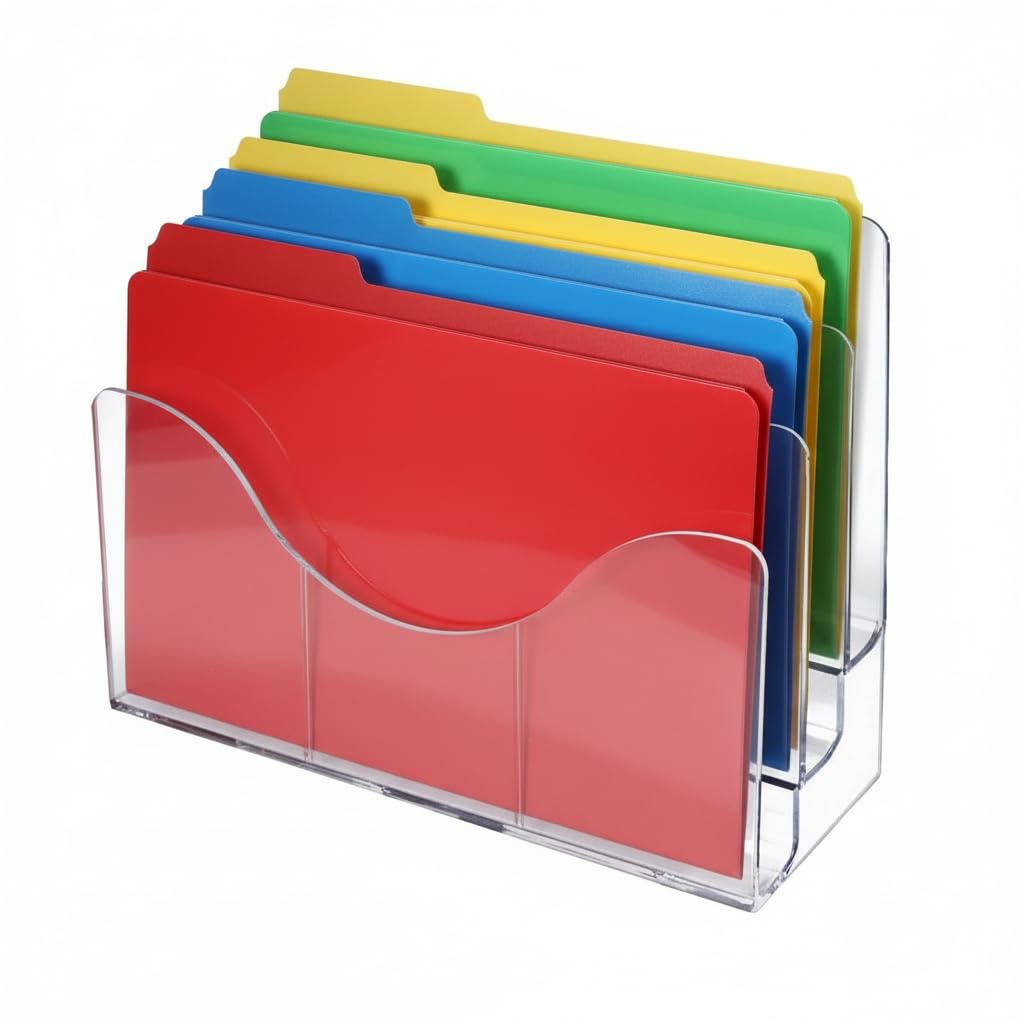 Azar Displays 250099 Three Tier File and Brochure Desktop Wall Organizer Holder with Dividers brochure display stand acrylic file holder, Clear