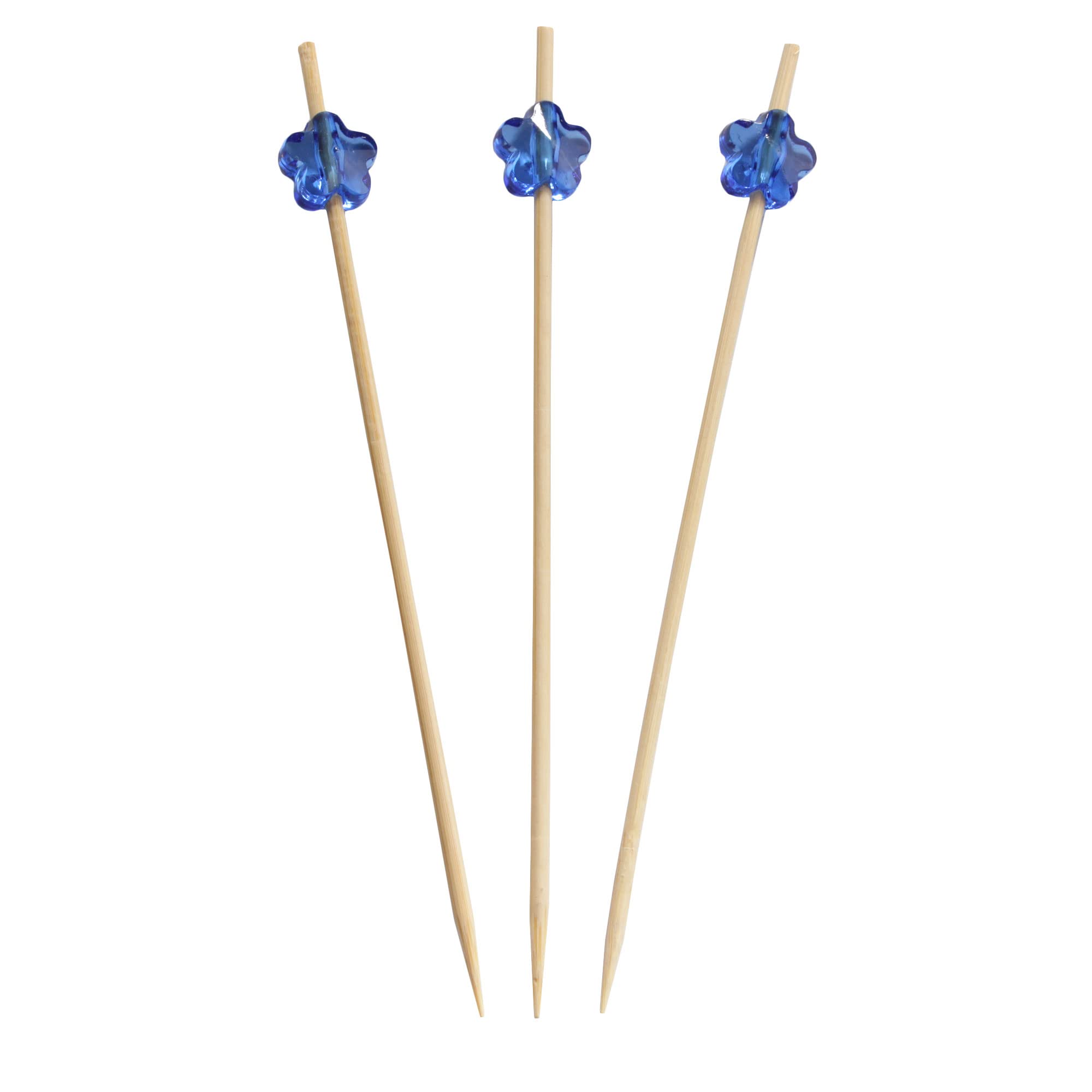 BambooMN 4.7" Decorative Acrylic Dark Blue Flower End Bamboo Cocktail Fruit Sandwich Picks Skewers for Catered Events, Holiday's, Restaurants or