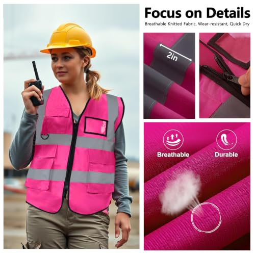 Image of 10 Pack Neon Reflective Safety Vests, Pink High Visibility Construction Vests, Pockets & Zipper Vest for Men & Women