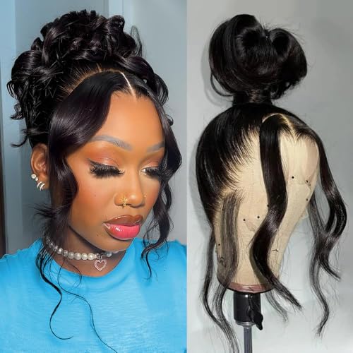 Uonoco 360 Lace Front Wigs Human Hair Pre Plucked 360 HD Full Lace Frontal Black Wigs Human Hair Pre Plucked Body Wave Transparent Lace Front Wigs Human Haiir for Women With Baby Hair 20 Inch