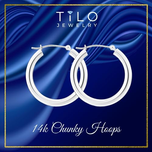 Image of 14K White Gold Classic Chunky Hoop Earrings, Solid White Gold Chunky and Lightweight Shiny Hoops, 3mm Tube Thickness