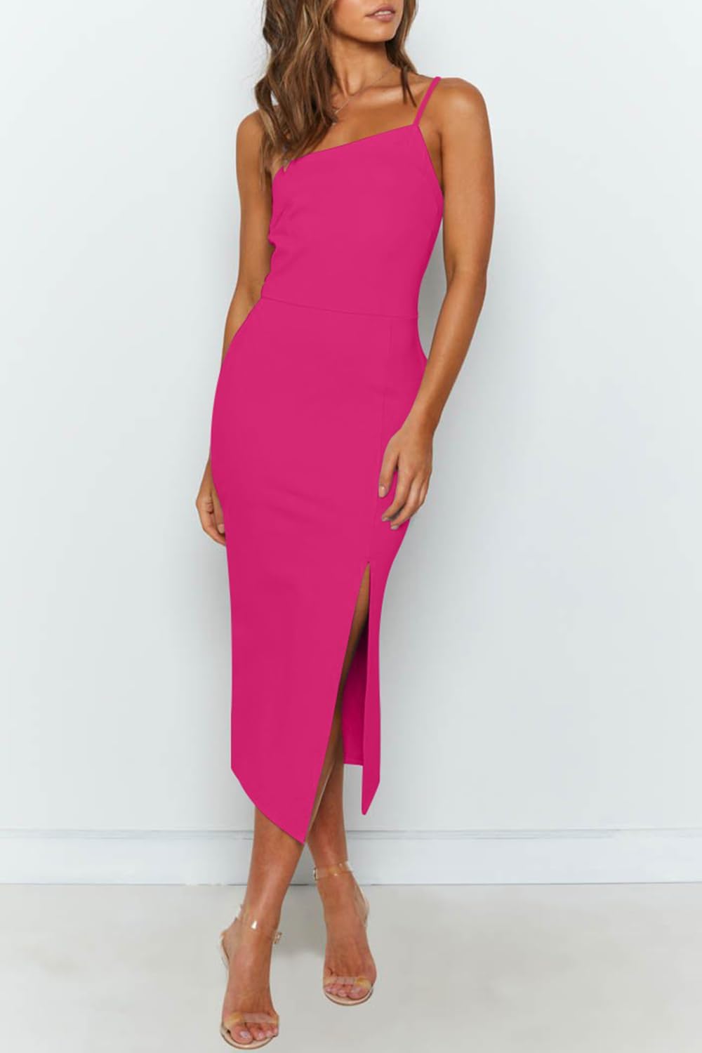 OWIN Women's Adjustable Spaghetti Straps Sleeveless High Waist Split Midi Bodycon Cocktail Party Dress