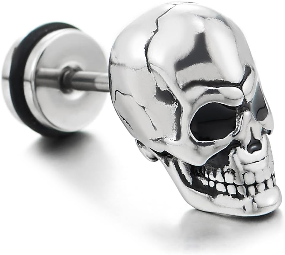Men's Skull Stud Earrings, Stainless Steel Gothic Punk Rock Style, Skeleton Head Jewelry - Image 3