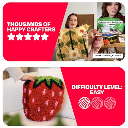 Image of CRAFT CLUB Strawberry Cushion DIY Kit | Sewing Kit with Suede-Style Backing & Zipper | Latch Hook Kits with Pre-Cut Yarn & Wooden Tools | Cushion Covers for Bedroom Decor | 17in x 15in
