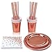 aovowog 40 Pack Doré Rose Vaisselle de Fête Assiettes en Papier d'aluminium de Service de Table en Papier d'aluminium décoré de Roses pour Les invités Tasses pailles pour Mariages Anniversaires