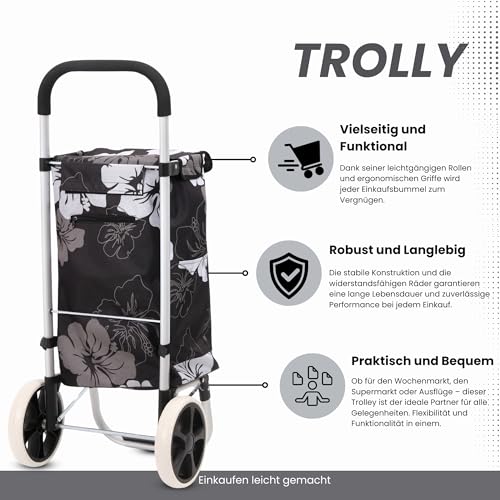 50Liter Aluminium Trolley Einkaufstrolley Klappbar, Shopping Trolley, Wasserabweisender Einkaufswagen Faltbar, Einkaufstasche mit 2 Rädern, Einkaufskorb mit Rollen, Groß - Blumen – Bild 7
