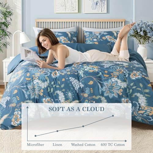 Shilucheng 100% Cotton Floral Duvet Cover King Size - 600 Thread Count, Breathable & Cooling Comforter Cover with Zipper Closure,Hotel Bedding Duvet Covers 3 Piece (Navy Blue)