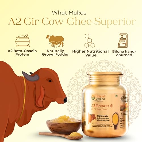 Image of Bharat Vedica A2 Gir Cow Ghee 500 ML | Vedic Bilona Method | Hand-Churned from Curd | 100% Pure & Natural Desi Ghee | Rich Aroma & Taste | Immunity & Digestion Booster I Now in SS Jar Packaging with Free Ghee Pot