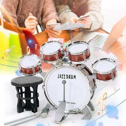 Image of FINYQBET Drum Set for Children Ages 3-7, Percussion Kit with 5 Drums, Cymbal, Drumsticks and Stool Educational Musical Toy, Ideal for Motor Development, Perfect Gift (Yellow-Brown)