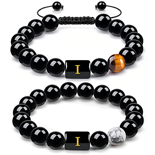 RIOSO 2Pcs Letter Initial Bracelet for Men Women Natural Onyx Tiger Eye Letter Bead Bracelets Personalized Stone Beads Braided Rope Initial Bracelet Adjustable