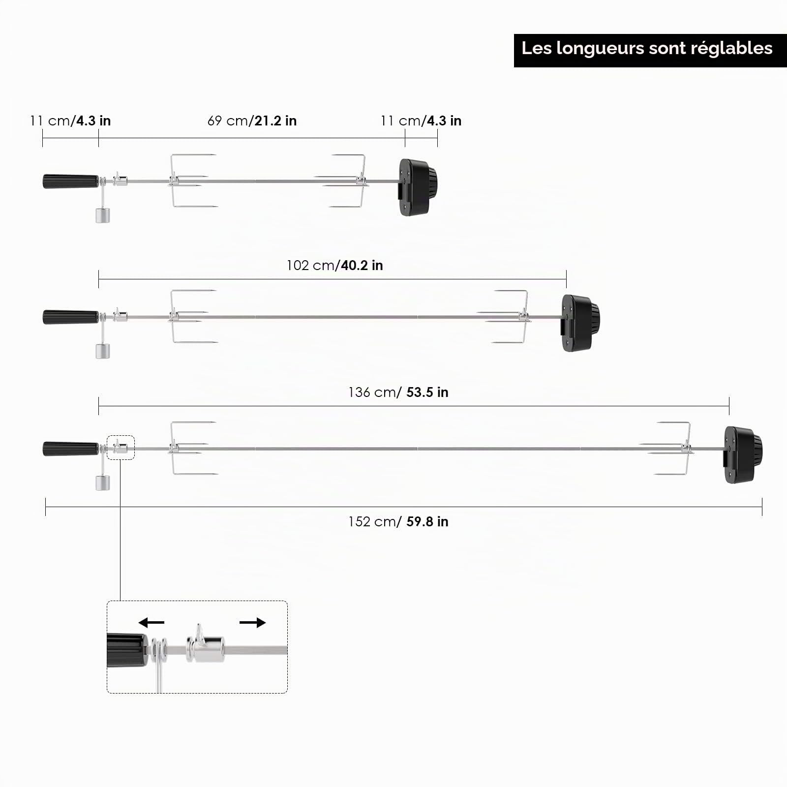 Tourne Broche Electronique avec 2 Pince à Viande, Moteur, Alimenté par USB et Adaptateur, Kit de Rôtisserie pour Grils à Gaz, Chariots de Barbecue, Longueur Ajustable 69-137cm