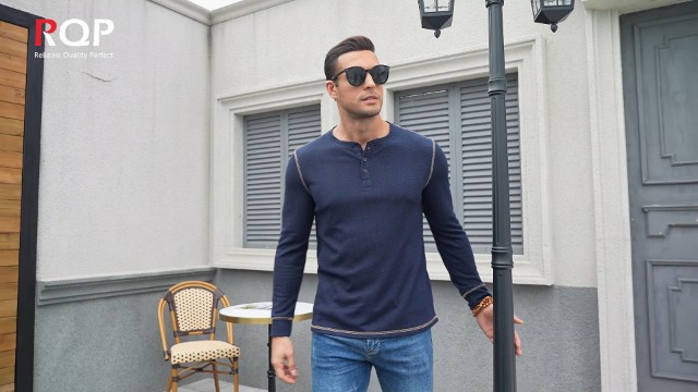 Men's Long Sleeve Henley Shirt – Waffle Knit Button Tee, Casual Fall Top With Contrast Stitching - View #13