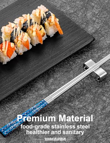 Image of Metal Chopsticks Reusable, Non-Slip Chop Sticks Reusable Dishwasher Safe, Titanium Plated Stainless Steel Chopsticks+Floral Blue 3 Pairs