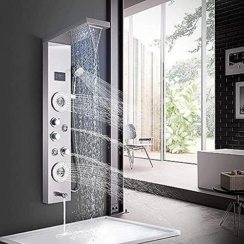 Sistema de columna de ducha con panel LED, pantalla de temperatura, jets y funciones múltiples, acabado en níquel cepillado miniatura 1