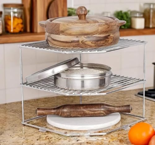 Image of Homify Stainless Steel 3-Tier Countertop Storage Rack For Corners, Multipurpose Stainless Steel Kitchen Plate Dish Corner Rack Stand Holder, Corner Shelf