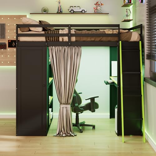 Image of Full Gaming Loft Bed with Wardrobe & Desk & Charging Station & RGB Light,Esports Wood Loft Bed Frame with Storage Shelves,Curtains and DIY Pegboard,Space Saving,No Box Spring Needed,Black Green