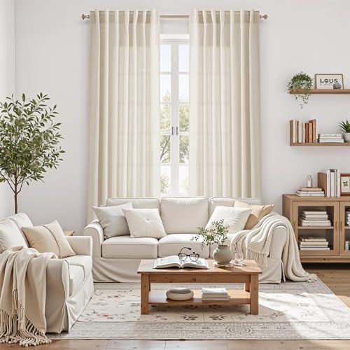 Image of Nanspring Extra Long 120 Inch Curtains for Living Room Birch Beige Linen Light Filtering Semi Sheer Curtain Back Tab Modern Farmhouse Decor Floor to Ceiling High Window for Bedroom 52x120, 2 Panels