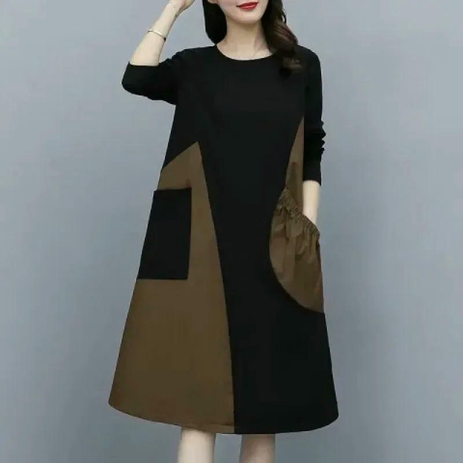 Vestiti a Maniche Lunghe Abito Blocco Colori da Donna, Pancia in Forma Sciolta Che Copre Il Maxi Abito, Autunnale Dimagrante alla Moda, Nuovo Vestito Casual di Arrivo
