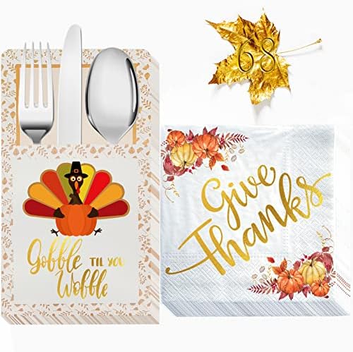Thanksgiving Napkins, 68 Pcs Gold Foil Napkins Paper and Cutlery Holders Set, Give Thanks Decorations for Autumn Leaves Fall Harvest Wedding Table Disposable Centerpiece Decor