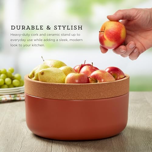 Image of Kamenstein Ceramic and Cork Large Breathable Produce Bowl with Lid, Nautral Cork and Terra Cotta Ceramic, 11 x 11 x 6 Inch