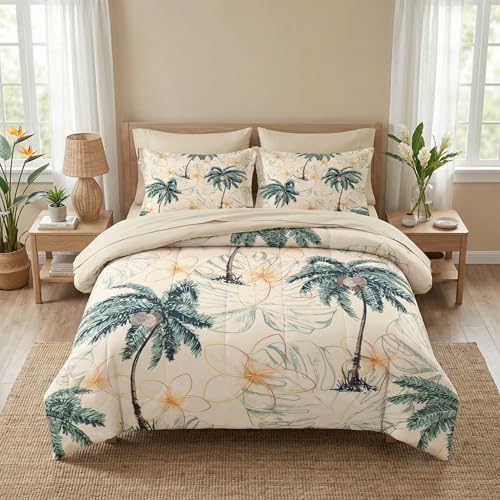 Pamnest Comforter Set Queen Size, Tropical Botanical Palm Summer 7 Pcs Bedding for Kids and Adults, Hawaiian Coconut Tree Bed Sheet Sets with Fitted Sheet 2 Pillowcase & 2 Sham for Bedroom Bed Decor