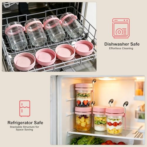 Image of 4 Pack Overnight Oats Containers with Lids and Spoons - 16 oz Glass Mason Jars with Dressing Cup, Over night Oat Jars for Meal Prep, Yogurt Parfait Cup for Chia Seed Salad (Pink)