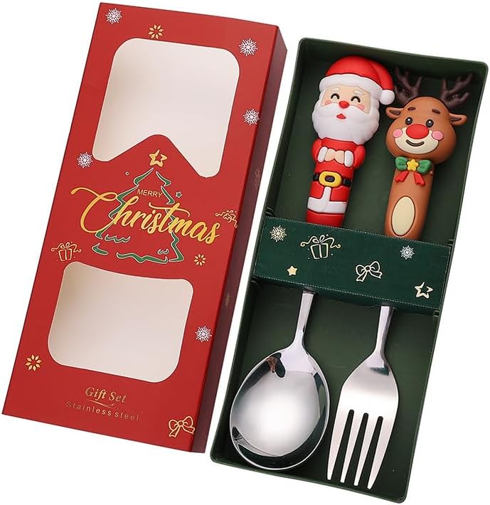 Christmas Cutlery Set 410Stainless Steel Spoon and Fork with Festival Designs Fruit Cake for Holiday Dining Christmas Spoon and Fork