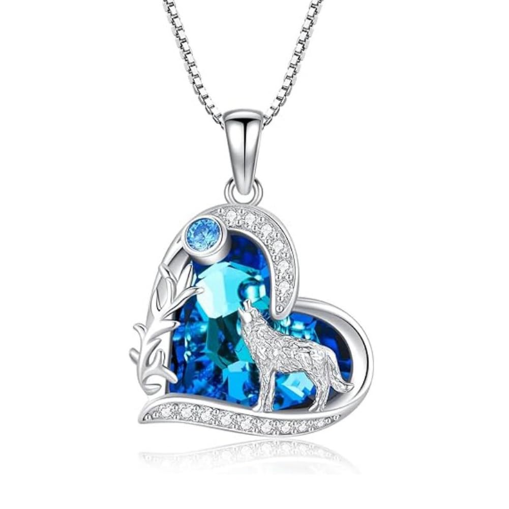 Howling Wolf Necklace - Silver Pendant With Blue Ocean Heart Stone Charm - Birthday Gift for Her, Women's Jewelry for Wolf Lovers