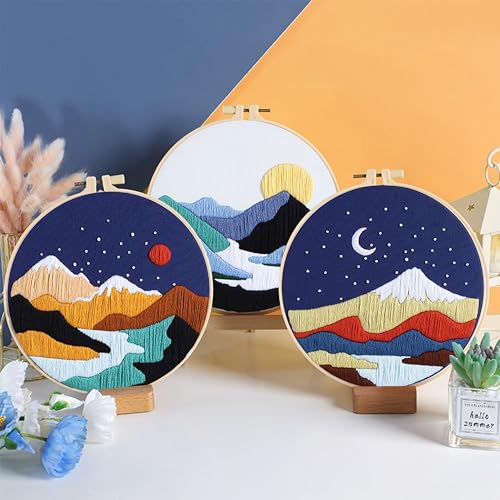 Image of KEKEMEOW 3 Sets Embroidery Kit for Beginners, Stitches with Landscape of Mountains Patterns, DIY Cross Stitch Kits for Adults, Needlepoint Hand Embroidery Kit with Stamped Pattern、Instruction、Hoop